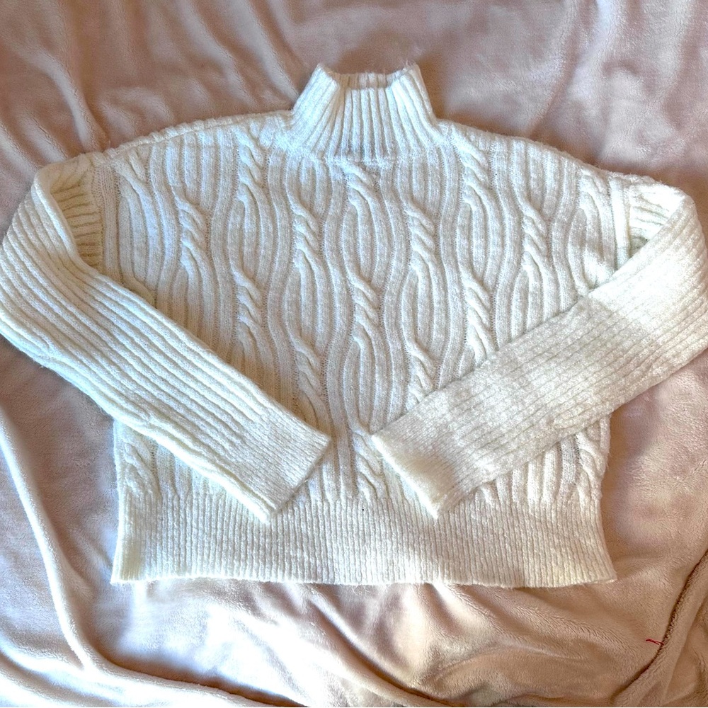 white cable knit turtleneck sweater